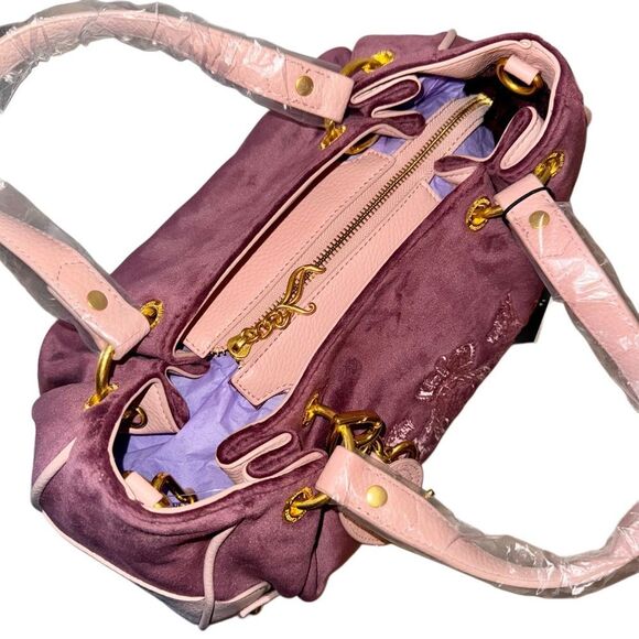Juicy Couture Bordeaux Velour Pink Faux Leather Nuova Twig Dog Double Handle Bag - Picture 8 of 13